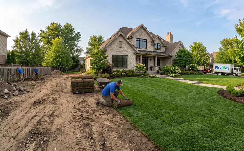 Fixxway expert performing professional sod installation in Tampa, transforming a residential yard from bare dirt to lush green grass next to a beautiful home.