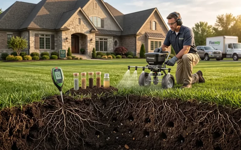 Fixxway expert performing professional lawn maintenance in Tampa, illustrating the complex soil science and root system of a healthy yard.