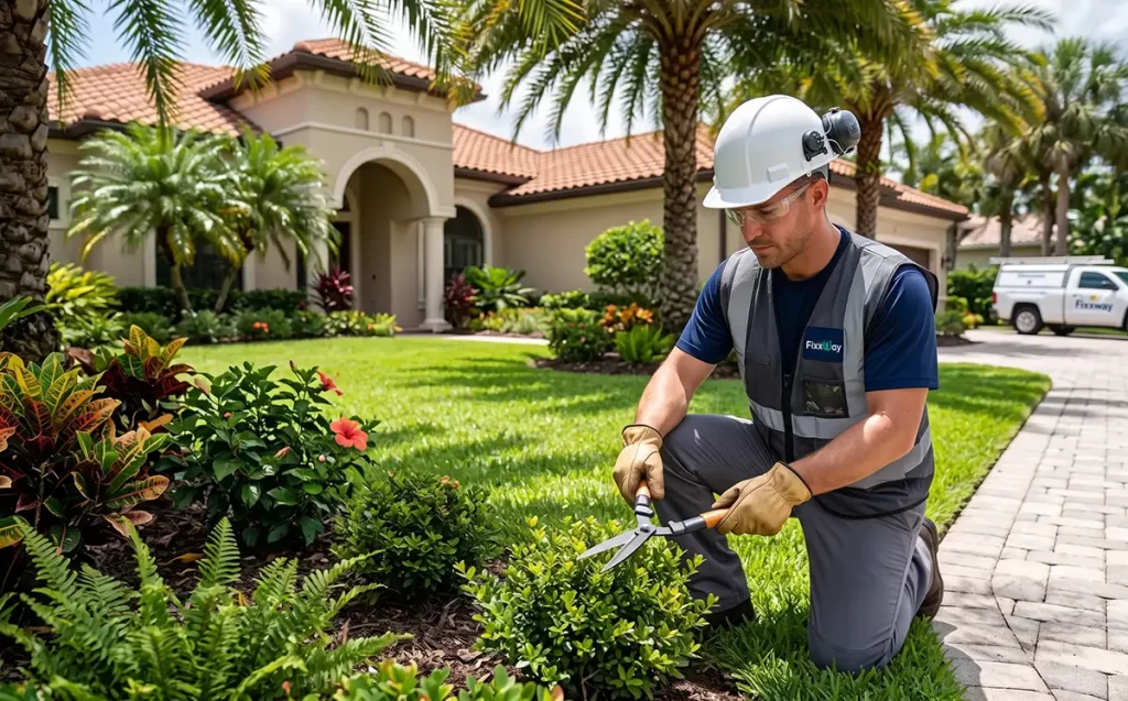 Fixxway technician performing professional lawn fertilization and weed control services in Tampa Florida.